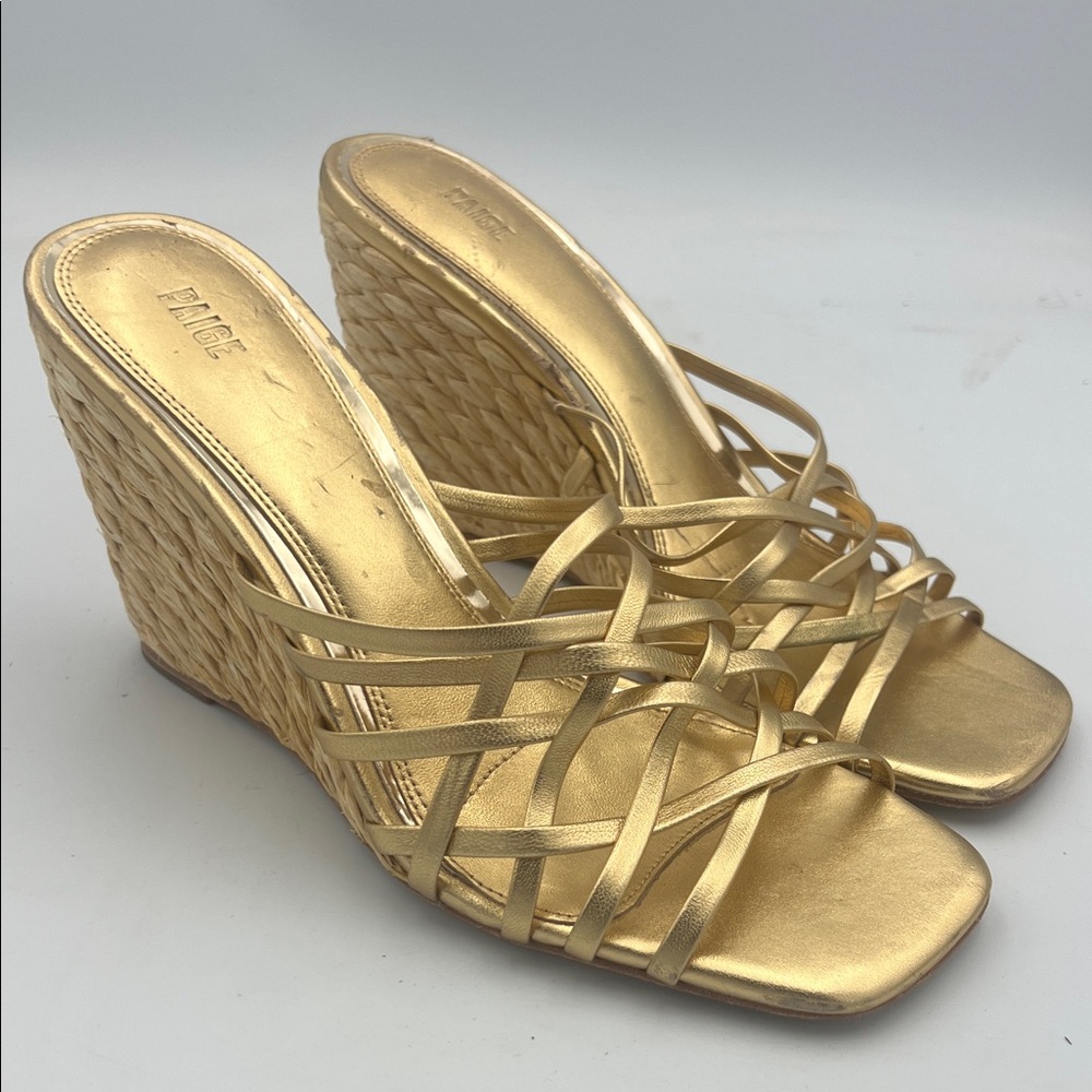 PAIGE Skyler Gold Espadrille ALL LEATHER Raffia Wedge Sandal Women’s Size 9